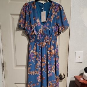Elegant Floral Midi Dress in Blue and Purple